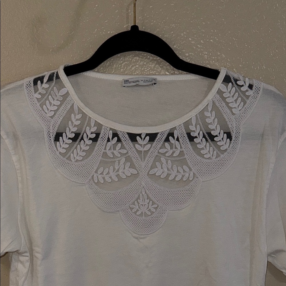 Zara Elegant White Sheer Lace Trim Top - Picture 3 of 6